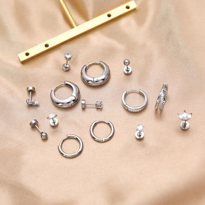 Stainless Steel Stud Earrings Set for Women Hypoallergenic Flat Back Cartilage Earrings Screw Back Huggie Hoop Earrings Multiple Piercing Cubic Zirconia Helix Tragus Jewelry - color: Set-A-Silver