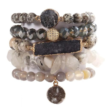 Yomisa 5PCS 6PCS Natural Boho Beaded Bracelets/Bangle for Women Men,Healing Turquoise Jasper Agate Crystal Gemstone Stone Chakra Multilayer Wrap Bohemian Handmade Jewelry Beads Stretch Bracelet Set - color: 5PCS-Gray