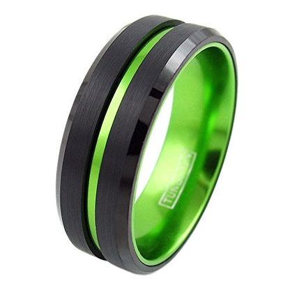 Personalized Engraved 6mm/8mm Black Tungsten Carbide Band Ring w/Bright Lime Green Stripe & Matching Lime Green Anodized Aluminum Inner Band feat. Comfort Fit.