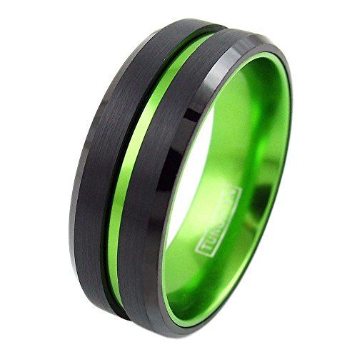 Personalized Engraved 6mm/8mm Black Tungsten Carbide Band Ring w/Bright Lime Green Stripe & Matching Lime Green Anodized Aluminum Inner Band feat. Comfort Fit.