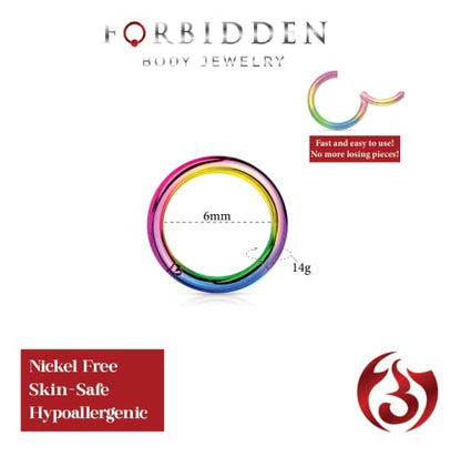 Forbidden Body Jewelry 316L Surgical Steel Hinged Seamless Nose Rings Hoop 14G 16G 18G, Diameter 6mm 8mm 10mm 12mm, Gold/Rose Gold/Silver/Black/Rainbow Colors. - style: 14g 6mm - Rainbow