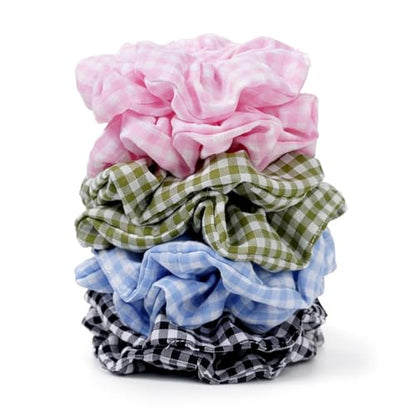 Satin Scrunchies for Women – 8PCS Plaid Mix (Light Blue, Black & White, Pink, Dark Green) Silk Hair Ties – No Crease, Frizz-Free, Retro & Chic Hair Bands for Thick & Thin Hair, Trendy Hair Accessories - color: Large-Plaid