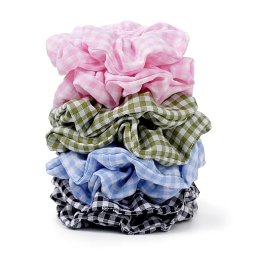 Satin Scrunchies for Women – 8PCS Plaid Mix (Light Blue, Black & White, Pink, Dark Green) Silk Hair Ties – No Crease, Frizz-Free, Retro & Chic Hair Bands for Thick & Thin Hair, Trendy Hair Accessories - color: Large-Plaid