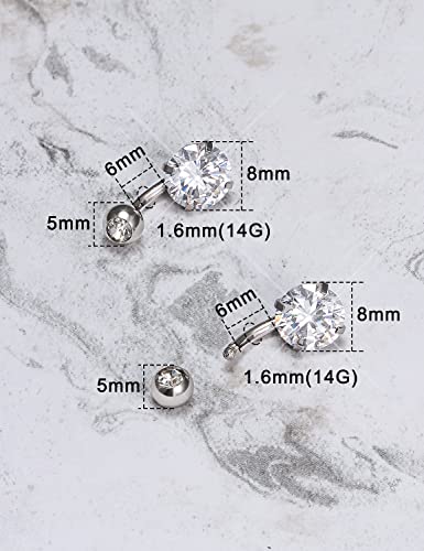 Long Belly Button Ring 6mm 8mm 10mm 12mm 14mm Surgical Stainless Steel Round Cubic Zirconia Navel Barbell Long Bar Belly Button Piercing Jewelry Silver, black, rose gold belly ring - color: 2pcs-6mm-Silver navel ring
