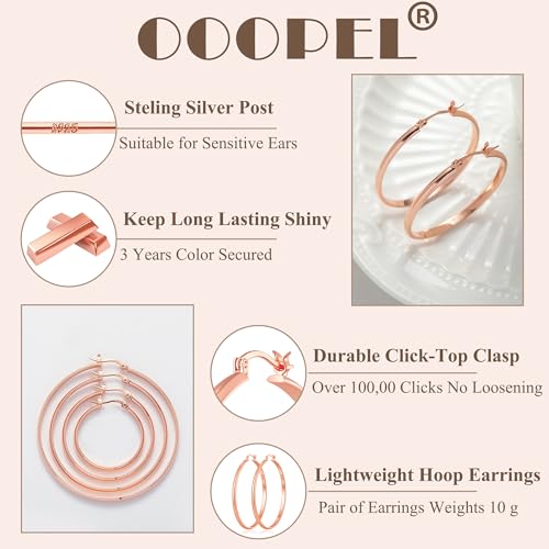 3mm Wide Large Hoop Earrings for Women Hypoallergenic 925 Sterling Silver Post Gold Earrings Lightweight Silver Hoop Earrings Oversize Big Gold Hoops 30/40/50/60MM - color: Rose Gold, size: 50mm