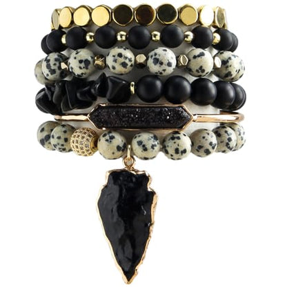 Yomisa Boho Beaded Bracelets/Bangle for Women,Multilayer 5/6/7PCS Healing Natural Handmade Stone Bead Bracelets Stackable Stretch Friendship Beaded Bracelet Set Trendy Western Bohemian Jewelry Gift - color: 6pcs-Black&beige