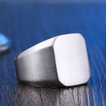 Stainless Steel Signet Ring for Men Solid Square Biker Rings Matte Brushed/Polished Finish - color: Brushed, Silver