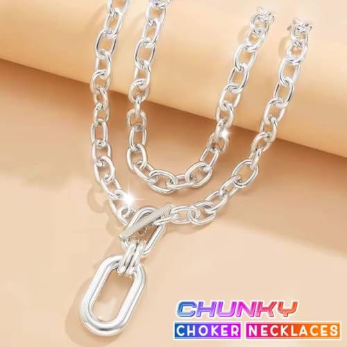 CLOACE Chunky Choker Necklaces Layered Pendant Necklace Chain Punk Thick Necklace Accessories for Women - color: silver