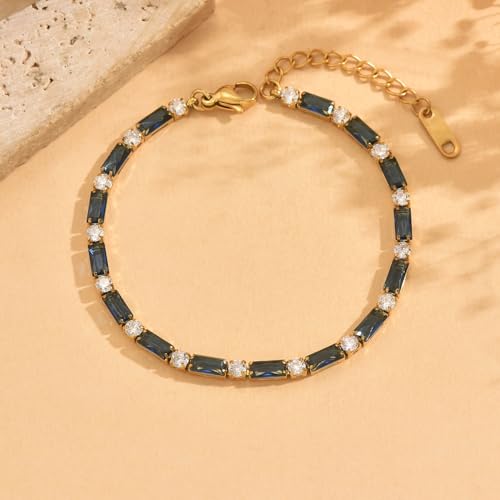 18K Gold Plated Multi-Color Classic Tennis Bracelet for Women Dainty Color 3mm Rainbow Cubic Zirconia Bracelet Adjustable CZ Gold Bracelets Trendy Summer Jewelry Gift - style: Navy Blue-Gold