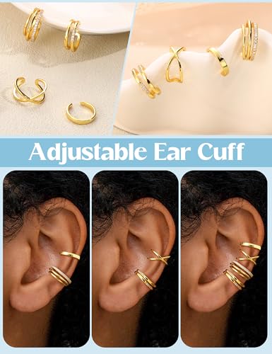 JeryWe 4 Pcs 925 Sterling Silver Ear Cuff for Women Non Piercing Adjustable Ear Cuff Earrings Clip On Cartilage Helix Wrap Ear Jewelry Set - color: 14K Gold Plated