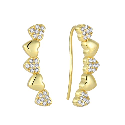 Heart Climber Earrings for Women 925 Sterling Silver White/Yellow/Rose Gold Plated Cubic Zirconia Ear Crawler Earrings Jewelry - color: Yellow