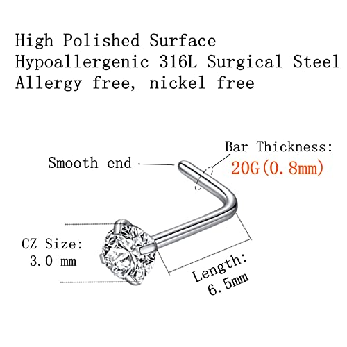316L Surgical Steel 22g/20g/18g Nose Rings Studs L-Shape Nose Nostrial Piercing Body Jewerly L Shaped Nose Studs 1.5mm 2mm 2.5mm 3mm CZ Nose Screw Studs Rings for Women - style: 6pcs/L-shape/20g/3.0mm Clear CZ/Silver