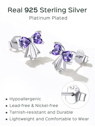 ChicSilver 925 Sterling Silver Bow/Butterfly Earrings for Women Hypoallergenic Birthstone Earrings Dainty Bow/Butterfly Jewelry Gift for Women - color: Bow-February-Amethyst