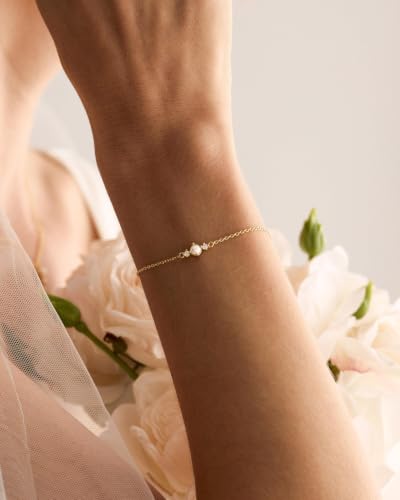 Gold Bracelets for Women Pearl Bracelet 14k Gold/White Gold Plated | Dainty Cubic Zirconia CZ Accented, Bridesmaid Jewelry, Prom Bracelet, Wedding Bracelets for Brides - color: gold-round pearl