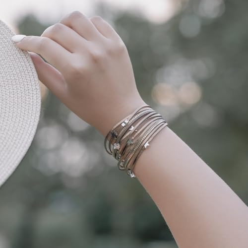 Boho Cute Star Leather Wrap Bracelets Stackable Western Chunky Jewelry | Bohemian Statement Layered Stack Magnetic Clasp Cuff Bangle Fashion Festival Hippie Cowgirl Country Outfits for Women Trendy - color: Bronze