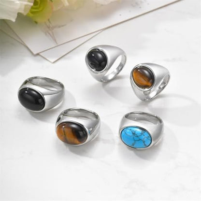 HIJONES Unisex Stainless Steel Oval Agate Gemstone Inlaid Silver Plated Signet Ring Solid Glossy Wedding Band - color: Brown Stone