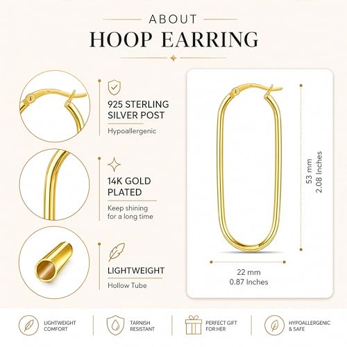 925 Sterling Silver Post Oval Hoop Earrings for Women | 18K Gold-Plated Large Hoops Earring-53mm - color: Yellow-Gold