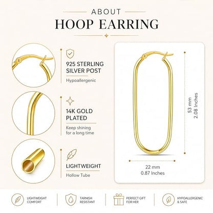 925 Sterling Silver Post Oval Hoop Earrings for Women | 18K Gold-Plated Large Hoops Earring-53mm - color: Yellow-Gold