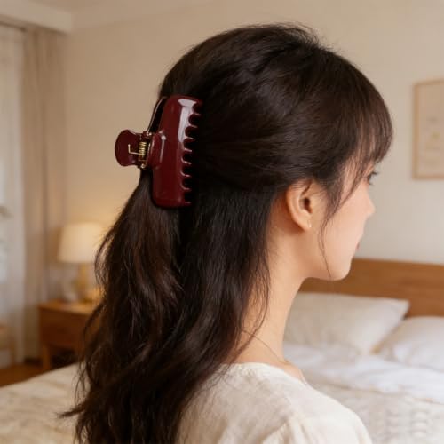 Wine Red Shark Hair Clips for Women Korean Version Premium Hair Claw Clips Upgraded Springs Strong Hold Jaw Clips Gold-Plated Safety Bead Cap Preventing Slippage Medium Hair Clip for Thick Hair 1 Pcs