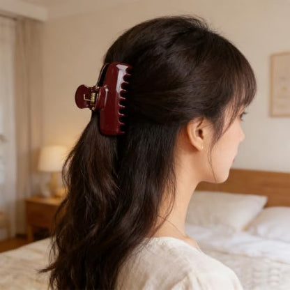 Wine Red Shark Hair Clips for Women Korean Version Premium Hair Claw Clips Upgraded Springs Strong Hold Jaw Clips Gold-Plated Safety Bead Cap Preventing Slippage Medium Hair Clip for Thick Hair 1 Pcs