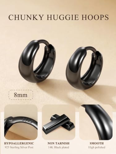 Bestyle Gold Huggies Earrings for Women Hypoallergenic 925 Sterling Silver Post Huggie Hoop Earrings Thick Lightweight Small Hoop Earrings 8/10/12/14mm - color: Black, size: 8mm