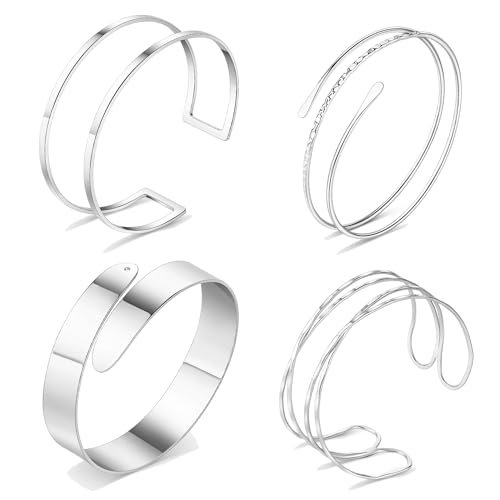 FIRAZIO 4PCS Arm Cuff Jewelry for Women | Upper Arm Cuff Bangle Band Armlet Adjustable Arm Cuff Bracelet Set - style: 4B-Silver
