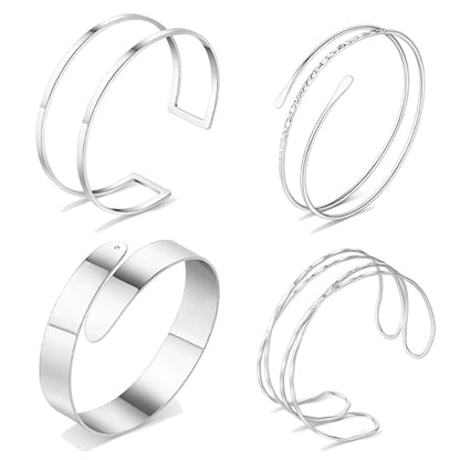 FIRAZIO 4PCS Arm Cuff Jewelry for Women | Upper Arm Cuff Bangle Band Armlet Adjustable Arm Cuff Bracelet Set - style: 4B-Silver