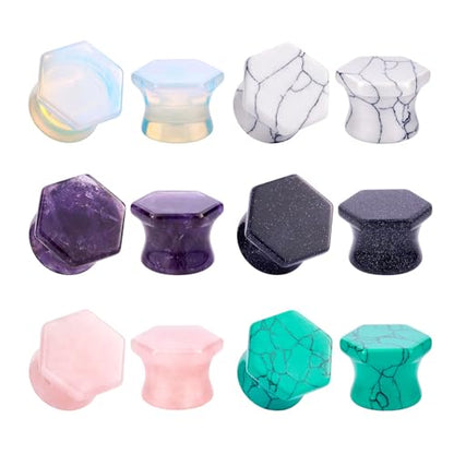 YOFANST 6 Pairs Natural Stone Ear Plugs Hexagon Double Flare Saddle Ear Gauges Piercing Earrings 2g-5/8 inch - color: 5/8"(16mm)