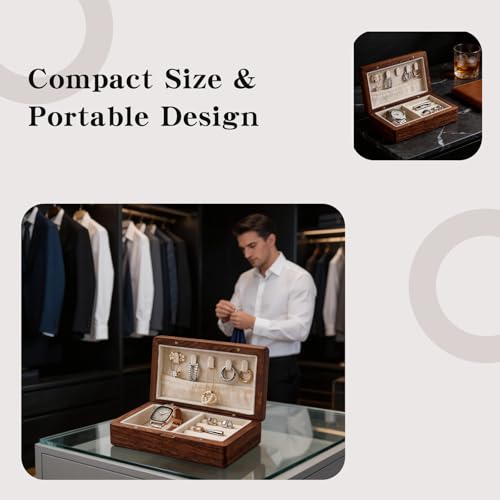 Small Wooden Jewelry Box | Versatile Mens Jewelry Box with Earring & Ring Organizer for Travel & Vanity Display