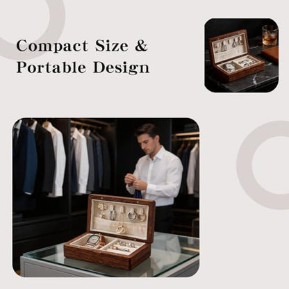 Small Wooden Jewelry Box | Versatile Mens Jewelry Box with Earring & Ring Organizer for Travel & Vanity Display