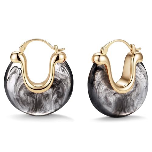 Chunky Gold Resin Hoop Earrings Leverback Statement Huggie Hoops Dangle Drop Dressy Earring Prom Festival Vacation Jewelry for Women - color: Black, size: Drop