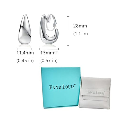 FAN&LOUIS Gold and Silver Clip On Earrings for Women, Chunky Huggie Teardrop Clip-on for Non Pierced Ears - style: Silver
