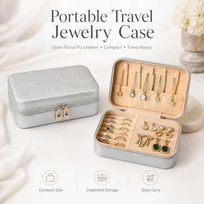 Travel Jewelry Box, Portable jewelry organizer with Embossed PU Leather Small Jewelry Box with Zipper, Velvet Lined Ring Earring Necklace Case for Travel, 6.3 x 4.7 x 2.4 in - color: Silver