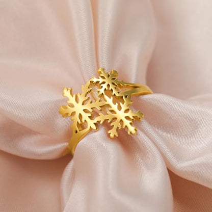 OIDIMS Xmas Snowflake Ring for Women Elegant Winter Flower Adjustable Open Band Rings Hypoallergenic Stainless Steel Christmas Holiday Wedding Engagement Prom Jewelry for Her Stocking Stuffer - color: Gold