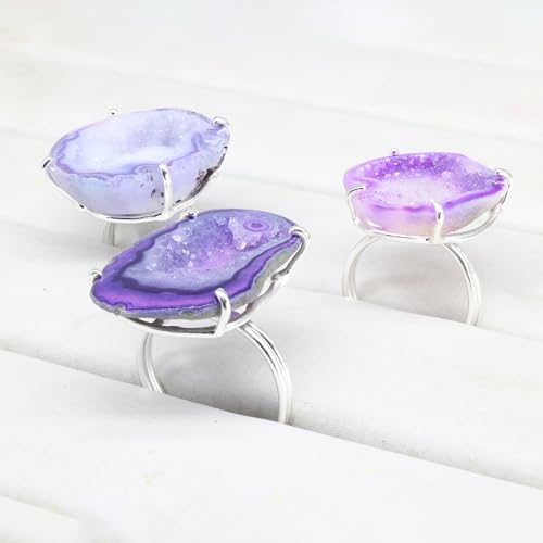 Geode Ring Set with Agate and Quartz Crystals,Stone Sizes 25-30mm - color: Purple, style: 1