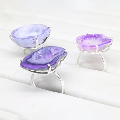 Geode Ring Set with Agate and Quartz Crystals,Stone Sizes 25-30mm - color: Purple, style: 1