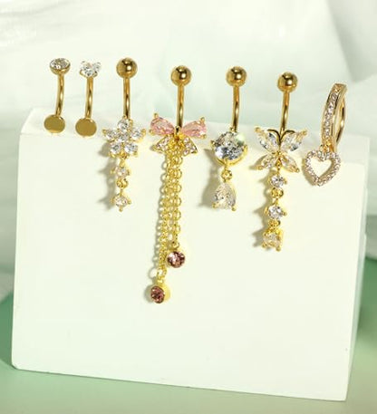 Dangle Floating Gold Belly Button Ring Surgical Stainless Steel Navel Piercing Set Hypoallergenic Small 14g Belly ring Heart Short Cute Pink Dangly Belly Piercing Jewelry for Women - color: gold