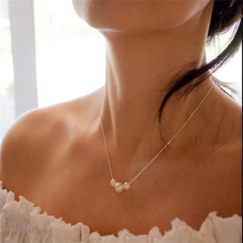 Pearl Necklace for Women, Dainty Pearls Choker Necklace for Women 14K Gold Plated Layered Pendant Necklace Handmade Gold Chain Necklace Everyday Jewelry Gift - color: Three Pearls
