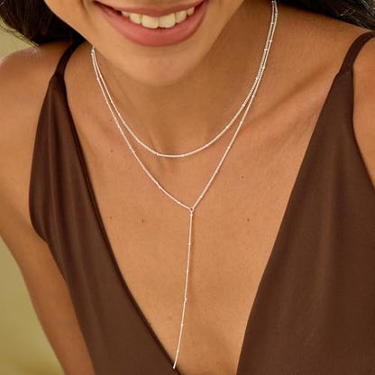 Lariat Necklace for Women, Dainty 14K Gold/Silver Plated Long Necklaces for Women Trendy Simple Layered Y-Shaped Pendant Necklace Adjustable Fashion Jewelry Gift - color: Silver, style: Satellite Chain