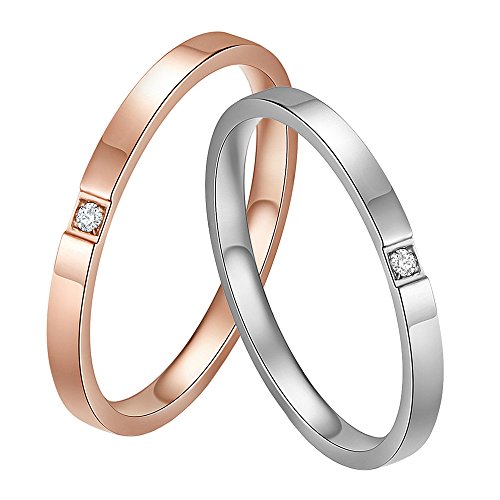 Women's Stainless Steel 2MM Thin Stackable Midi Eternity Ring Cubic Zirconia Engagement Wedding Bands - color: 2pcs (Silver + Rose Gold)
