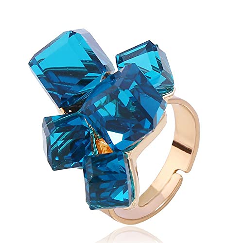 Hebelee Boho Square Crystal Statement Ring for Women Adjustable | Gold-Toned Expandable Promise Engagement Geometric Rings Comfort Fit Elegant Art Deco Christmas Cocktail Y2K Jewelry - color: Light Blue