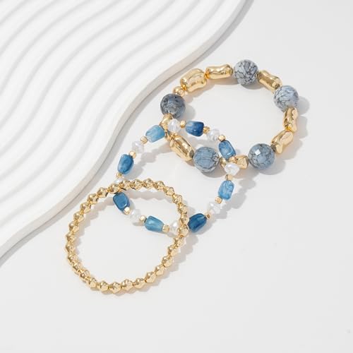Boho Beaded Stretch Bracelets For Women Stackable Crystal Gold Plated Beaded Bracelets Set Trendy Handmade Friendship Braeclet Jewelry Gifts - color: L-Blue gold 3pcs