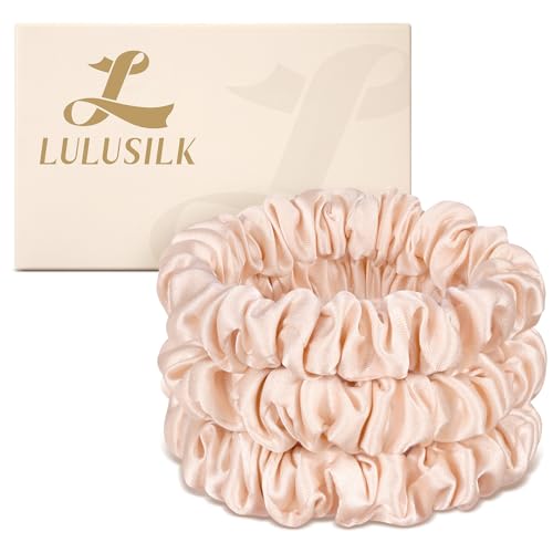 LULUSILK Small Silk Hair Ties No Damage, 100% Real Mulberry Silk, Skinny Scrunchies Ponytail Holders for Thin Fine Hair, Lotus Pink, Pack of 3 - color: Lotus Pink