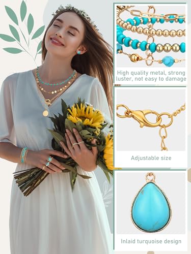 Inbagi Maitys 15 Pcs Halloween Jewelry Women Chain Necklace Bracelet Stud Earrings Hoops Bracelet Big Circle Earring Rings Set - style: Gold Turquoise