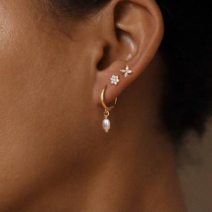 Sterling Silver Earrings Stacks for Women, Hypoallergenic Cartilage Earring | Dainty Stud Huggie Hoop Dangle Chain Earrings, 14K Gold/White Gold Plated - color: 3Pairs-Pearl Flower Set-Gold