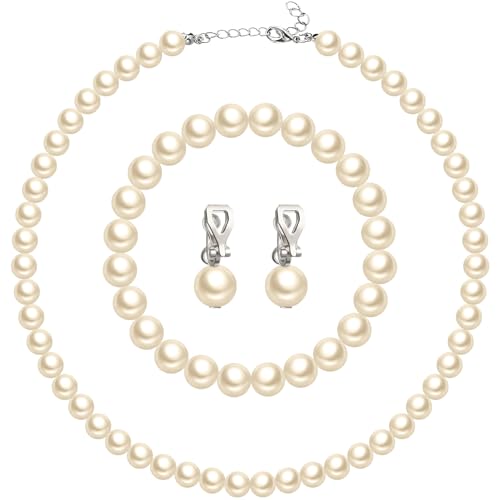 3 Pcs Pearl Jewelry Set Faux Pearl Clip on Earring Necklace Bracelet for Women Bridesmaid Birthday Wedding Gift - color: Beige, size: 10 mm
