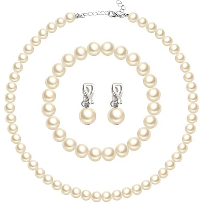 3 Pcs Pearl Jewelry Set Faux Pearl Clip on Earring Necklace Bracelet for Women Bridesmaid Birthday Wedding Gift - color: Beige, size: 10 mm