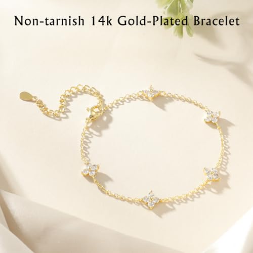 Emibele Gold Bracelets for Women, 18K Gold Plated Hand Chain, Cubic Zirconia Stainless Steel Non Tarnish Hand Chain Bracelet with Finger Ring, Adjustable Trendy Jewelry Valentines Day Gifts for Women - style: Four Leaf B