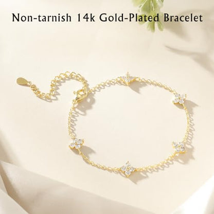 Emibele Gold Bracelets for Women, 18K Gold Plated Hand Chain, Cubic Zirconia Stainless Steel Non Tarnish Hand Chain Bracelet with Finger Ring, Adjustable Trendy Jewelry Valentines Day Gifts for Women - style: Four Leaf B