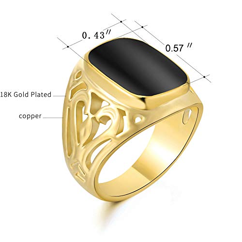 Star Jewelry Signet Pinky Ring with Black Square Enamel 18K Gold Plated for Men and Women Size 6-14